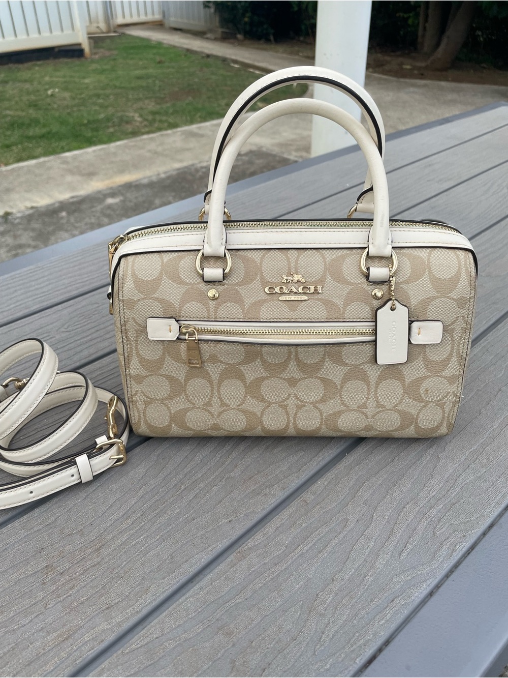 Coach Medium Rowen Beige Signature Canvas with White Trim